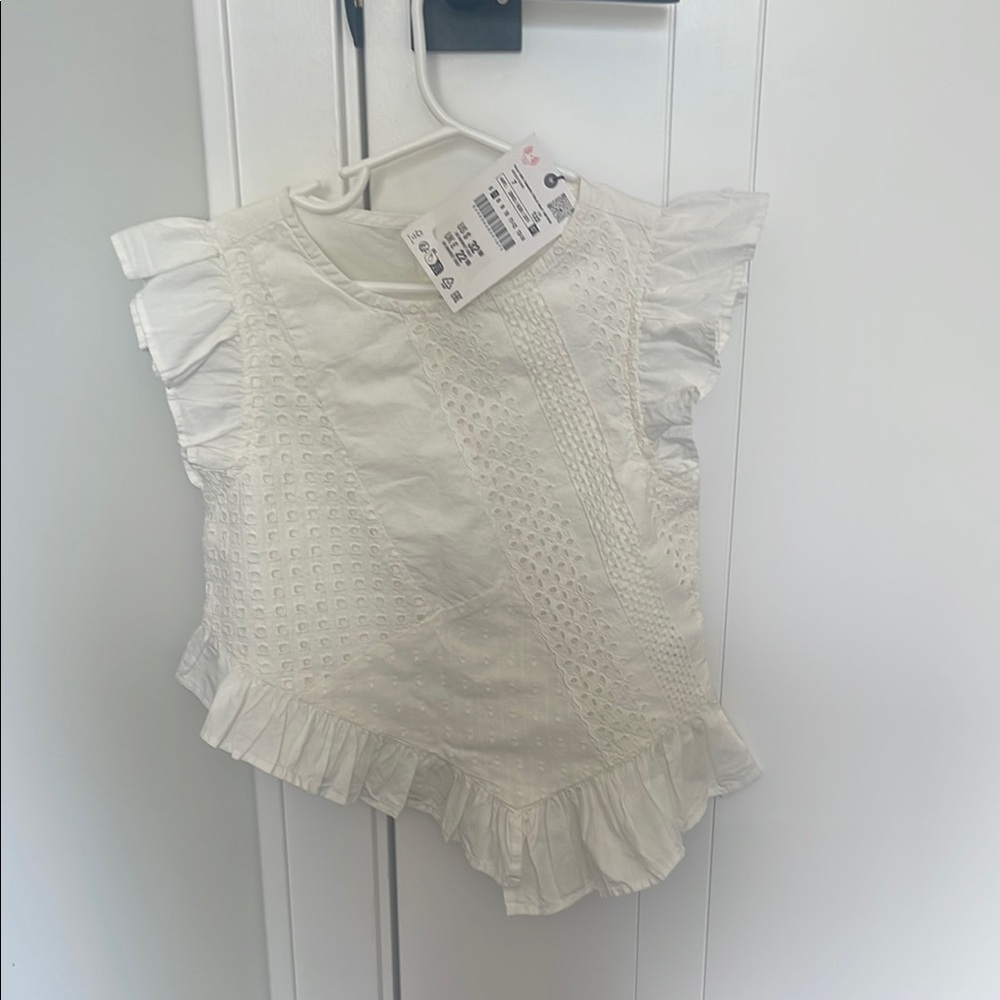 Zara White Ruffled Blouse with High Neckline